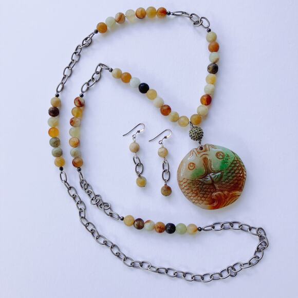 Jadeite Double Fish Pendant Necklace Earrings Set, Real Stone Beads Boho Jewelry - Picture 9 of 10